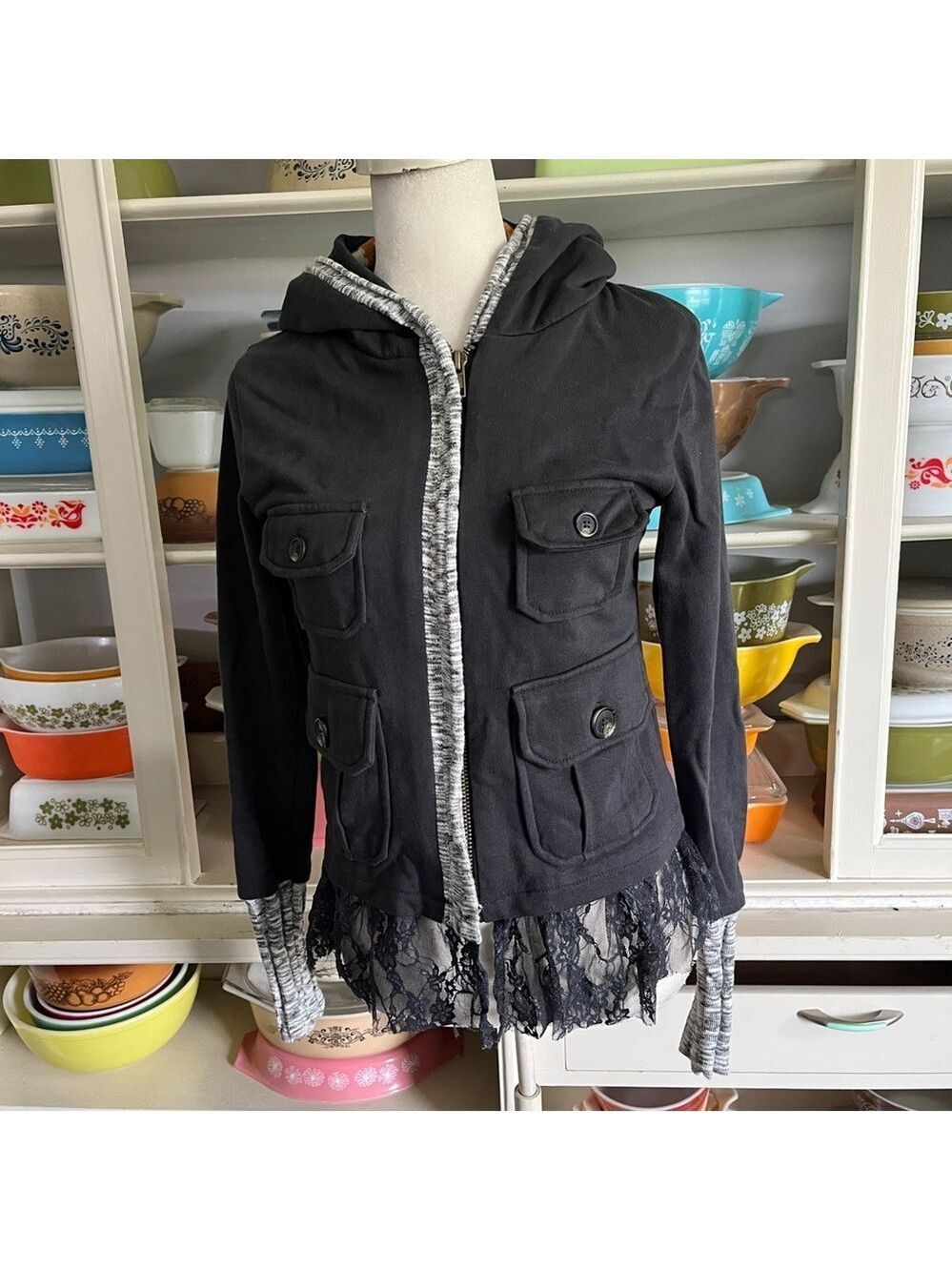 Anthropologie Scrapbook Gray Lace Trimmed Jacket - Size Small